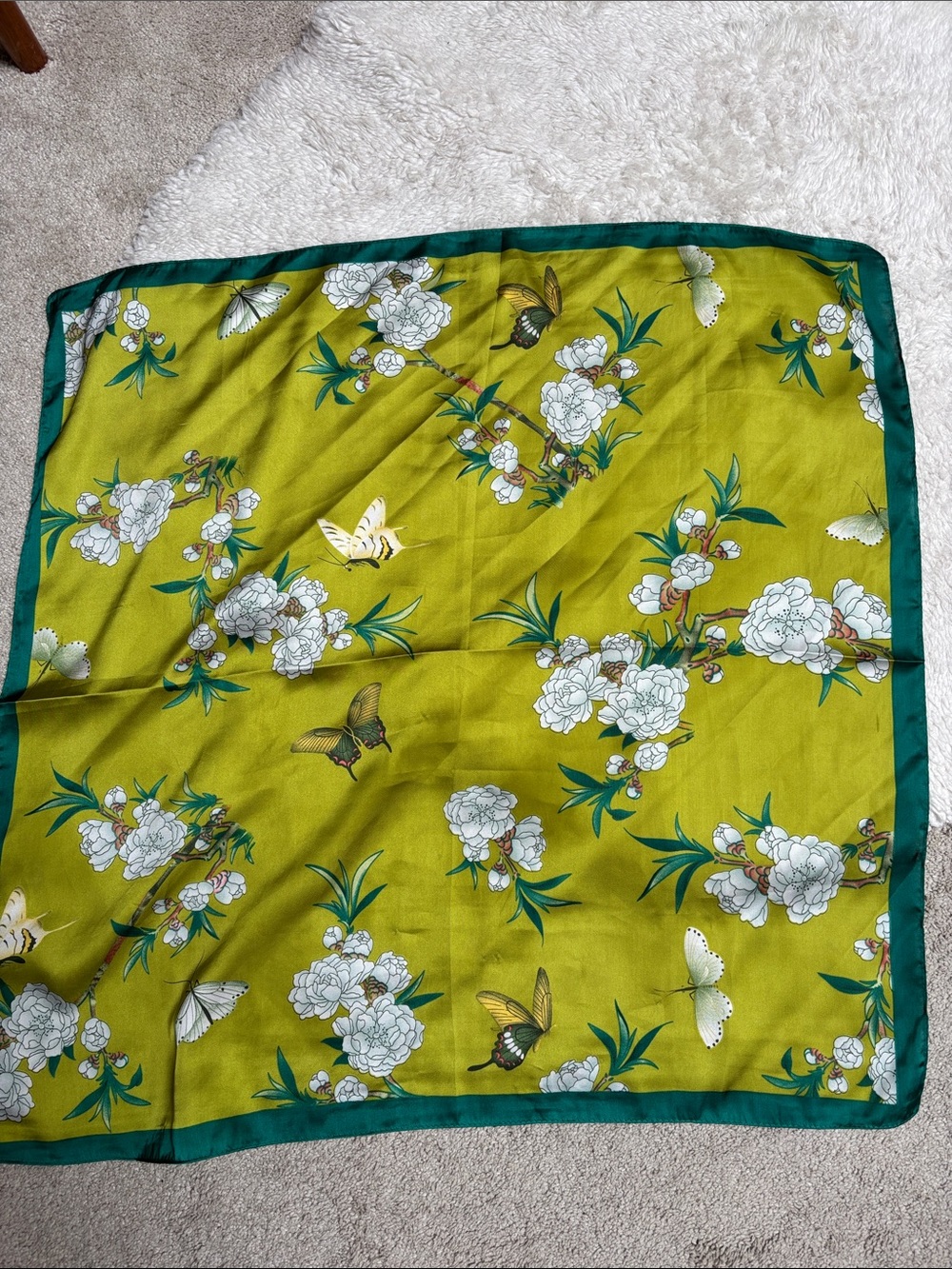 Green Floral & Butterfly Silk Scarf
